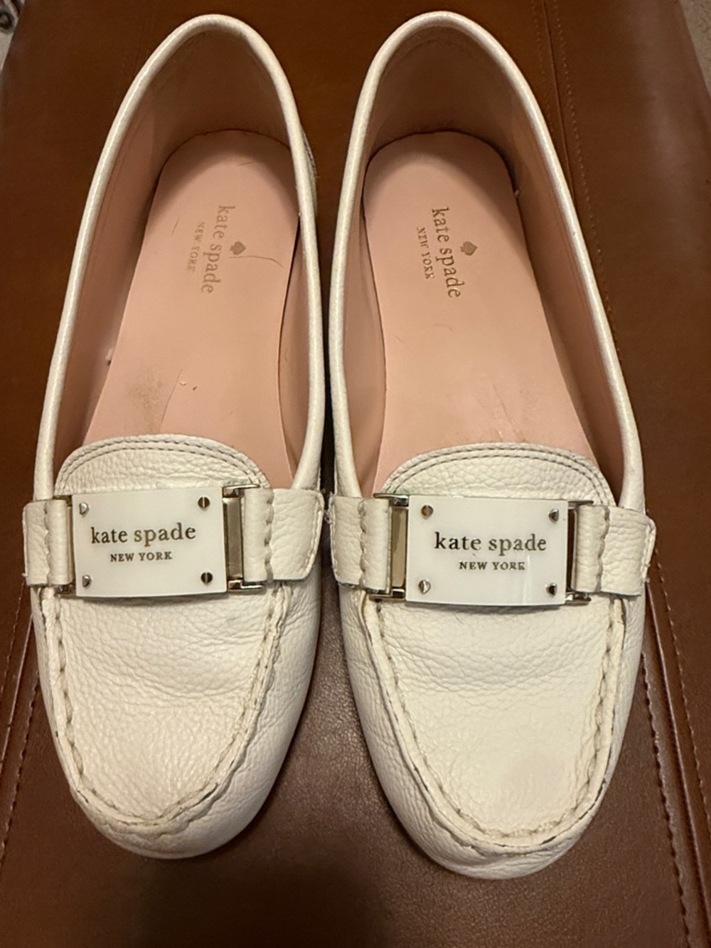 kate spade White Leather Logo Plaque Loafers